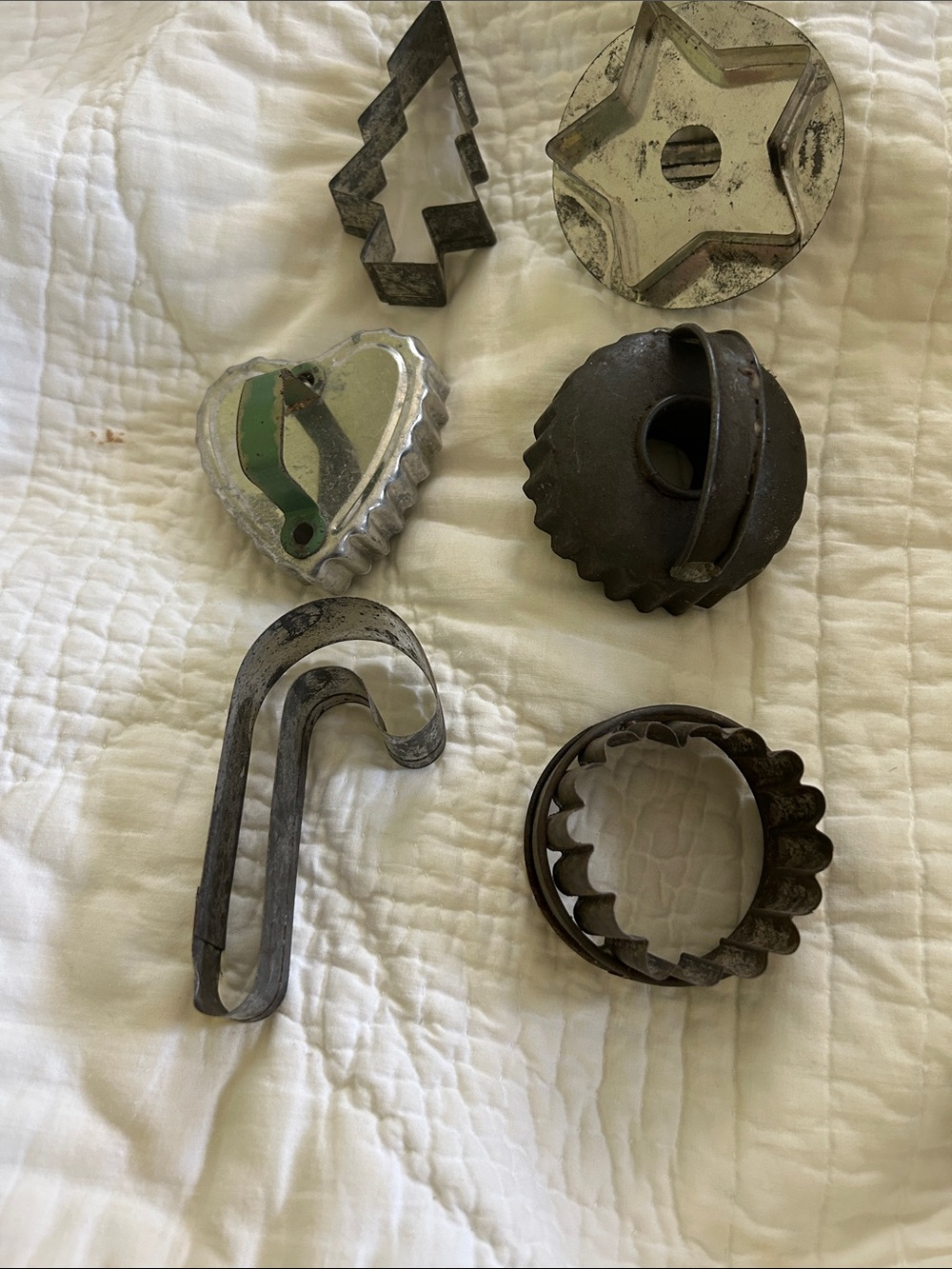 Vintage Metal Cookie Cutter Set - Mixed Shapes in Silver. Green handle.